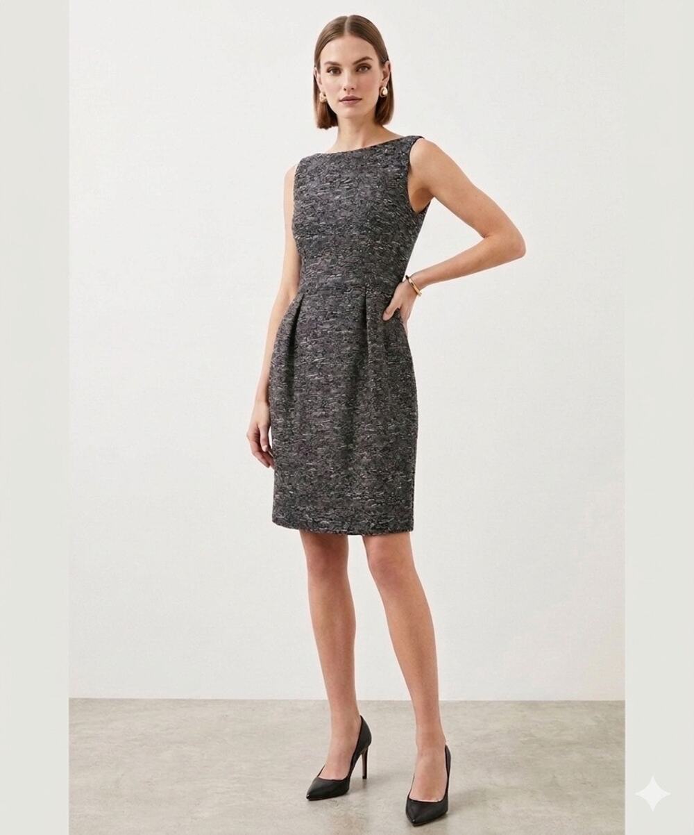 Karen Millen Gray Textured Metallic Tweed Sleeveless Pleated Shift Dress Size 6